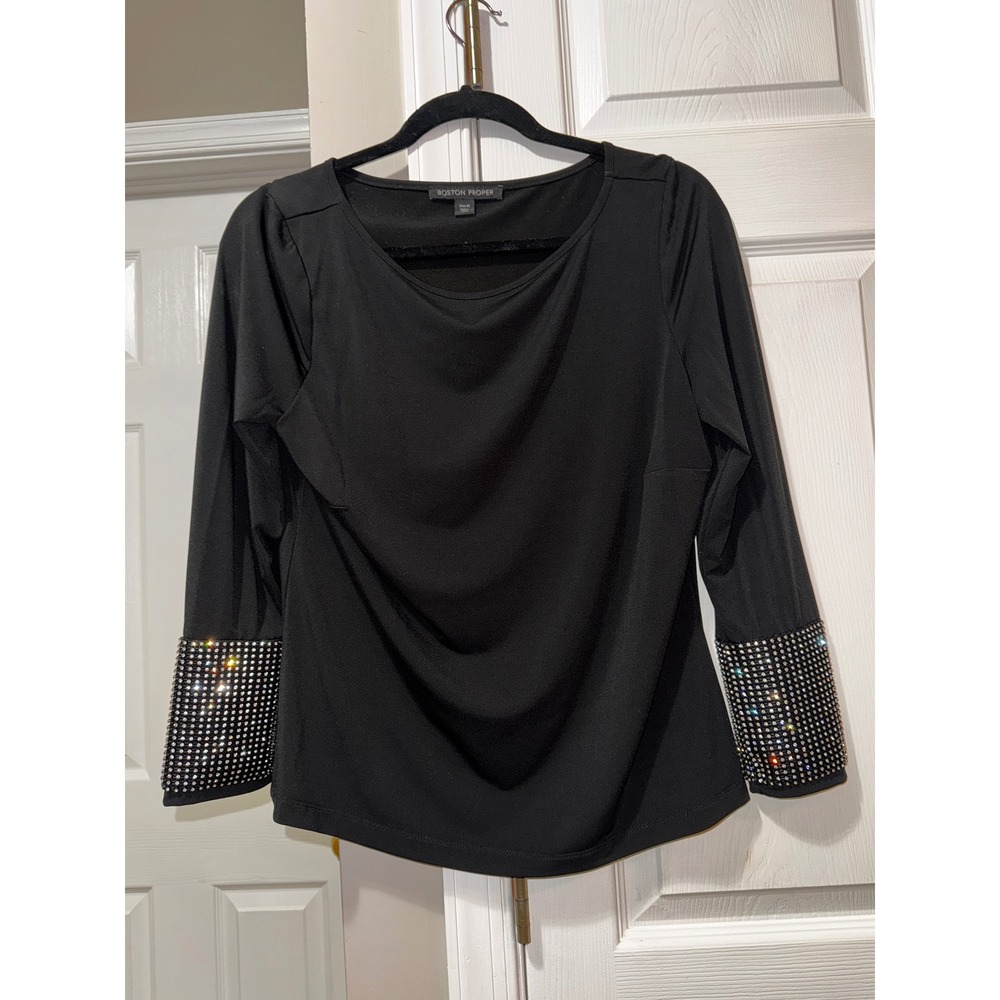 Boston Proper Black Embellished Cuff Long Sleeve Top Party Blouse‎